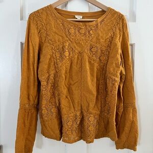 Mustard Yellow Crochet and Cotton Long Sleeve Anthro Top, Womens L, EzeSurMer.